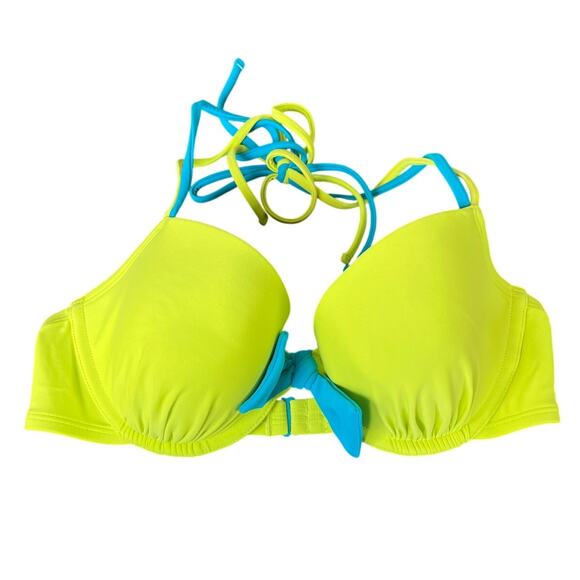 Aerie 34D Neon Yellow Swimwear Bikini Top Blue Bowtie Adjustable Halter Top - Picture 1 of 5